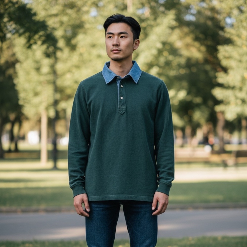 Lands' End Men's Forest Green Long-Sleeve Polo with Blue Collar